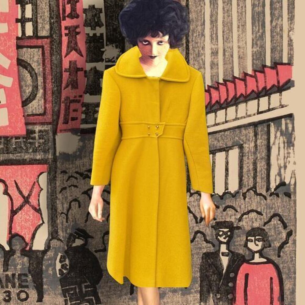 Vintage Yellow Wool Coat 1960s Mod Waist Tab Lined Swing S Mid Century 34” Bust